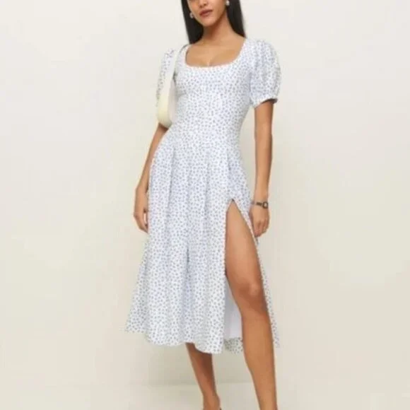 NEW Reformation Coucou Midi Linen Dress Hanna White Blue Floral | US 4 UK 8 - Picture 2 of 15